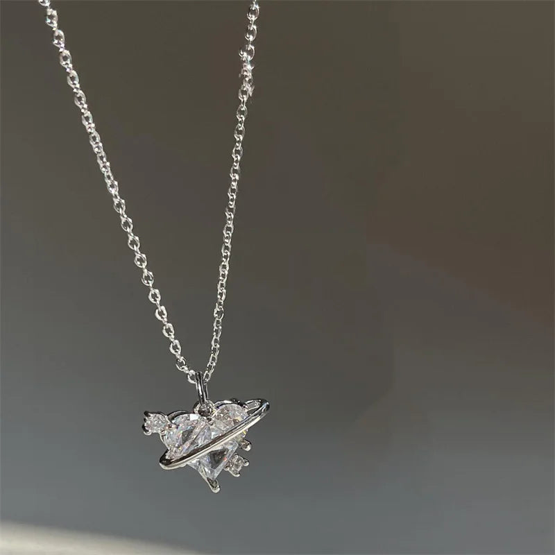 Y2K Pink Planet Heart Zircon Necklace