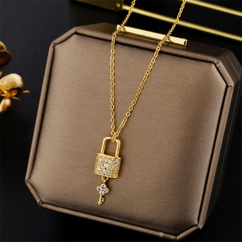 Zircon Crystal Lock Pendant Necklace – Luxury Party Jewelry