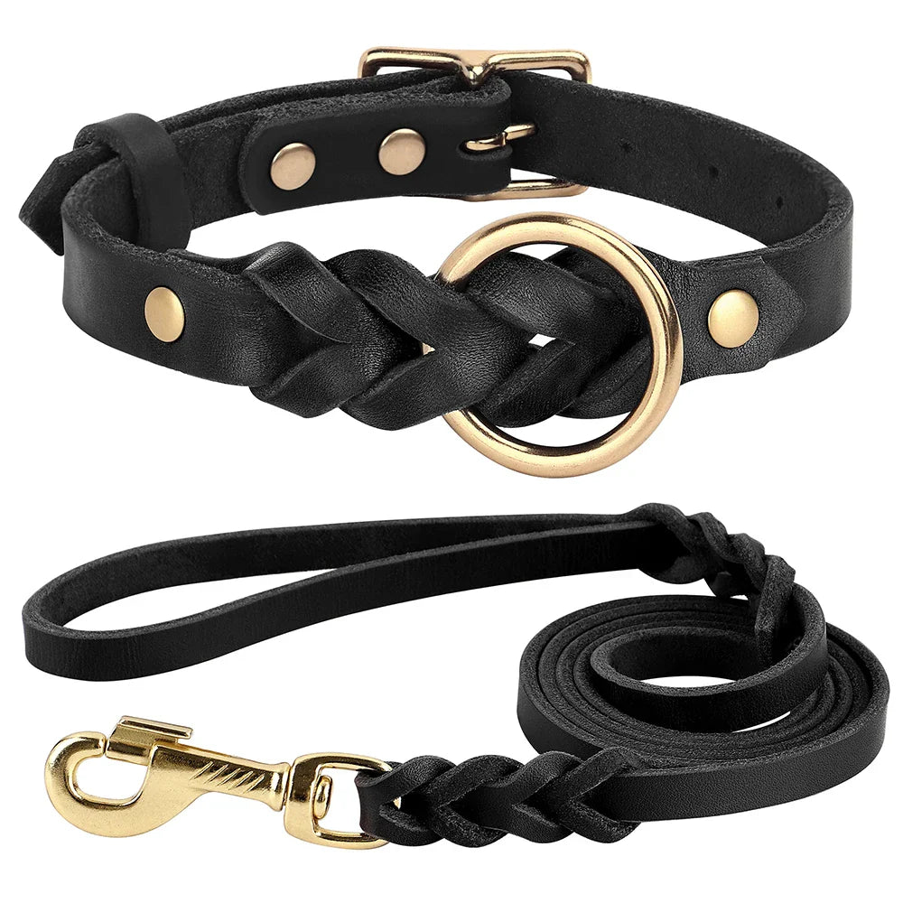 Dog Genuine Leather Collar Leash Set
