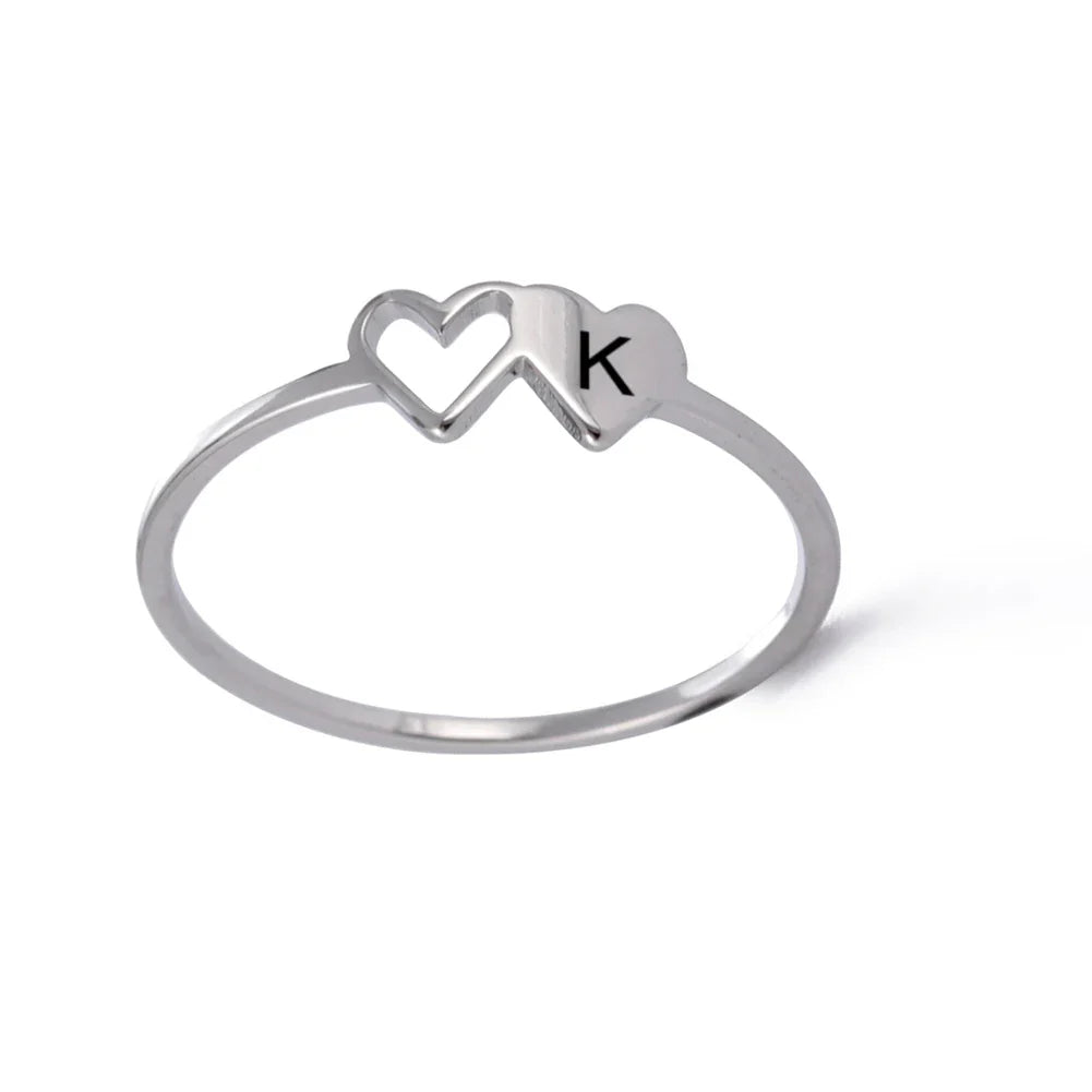 A–Z Double Heart Initial Ring – Stainless Steel