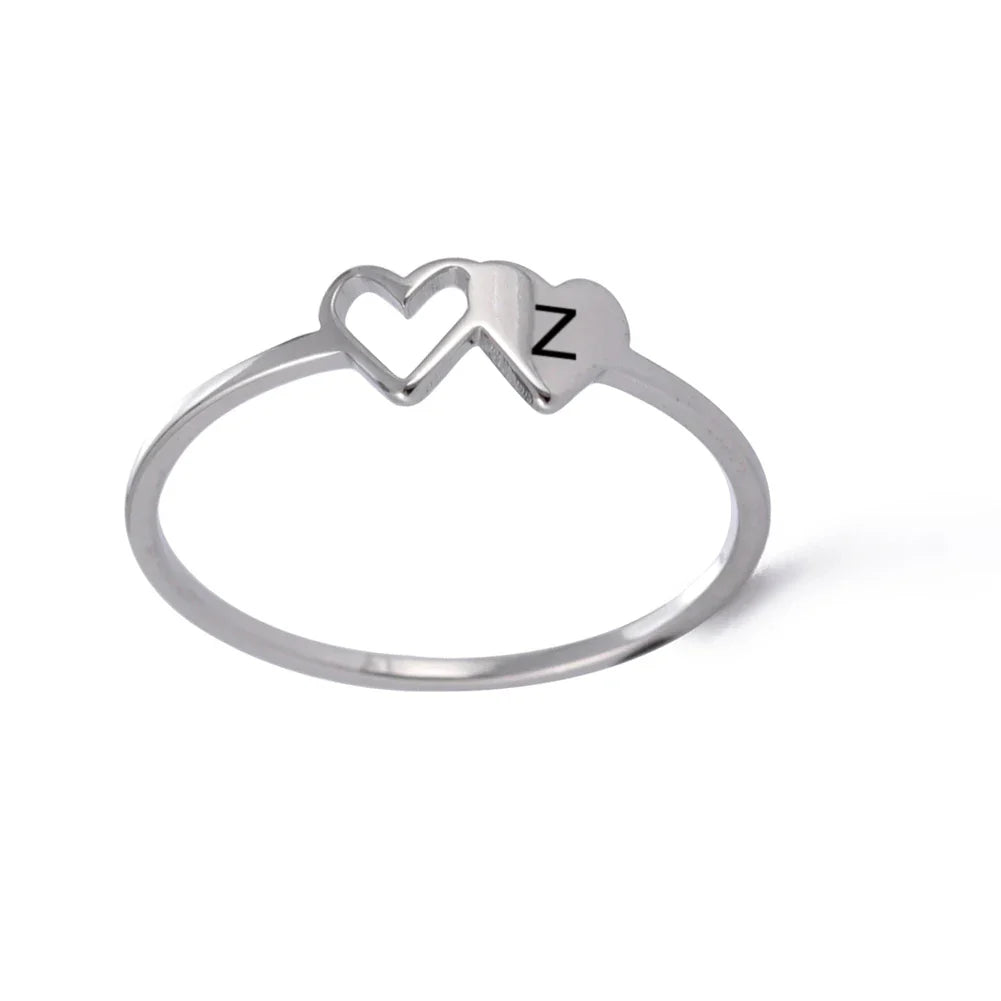 A–Z Double Heart Initial Ring – Stainless Steel