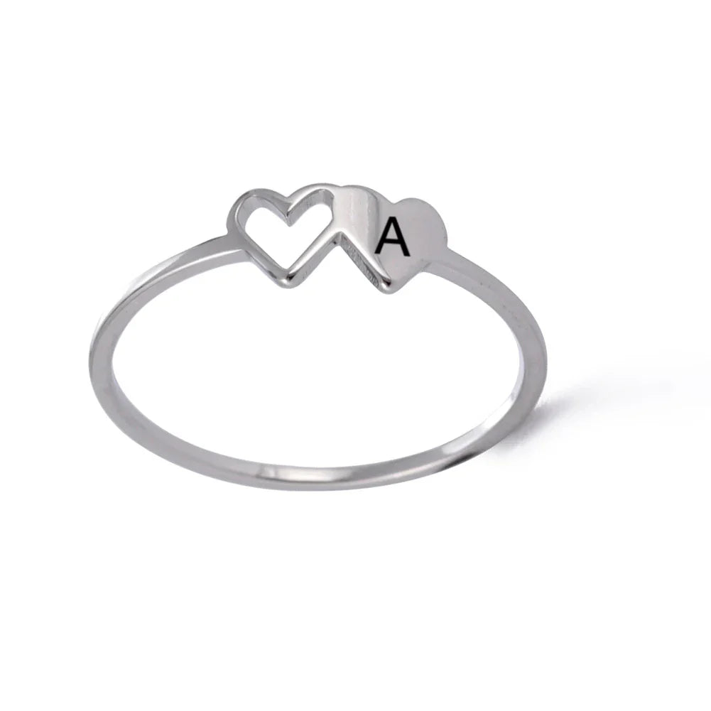 A–Z Double Heart Initial Ring – Stainless Steel