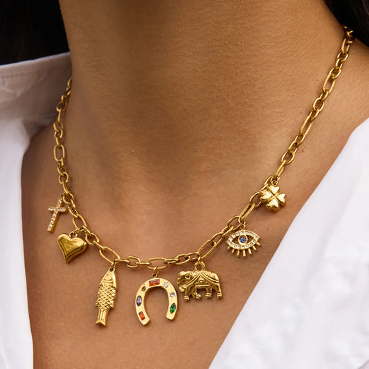 Colorful Rhinestone Horseshoe & Heart Pendant Necklace