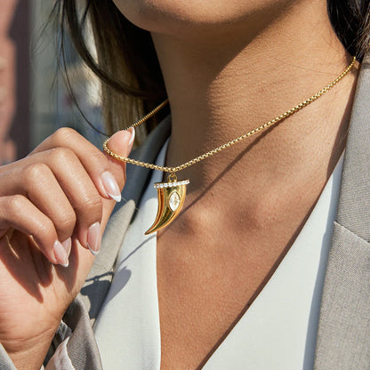 White Zircon Cow Horn Pendant Necklace – Gold Plated