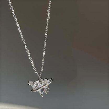 Y2K Pink Planet Heart Zircon Necklace