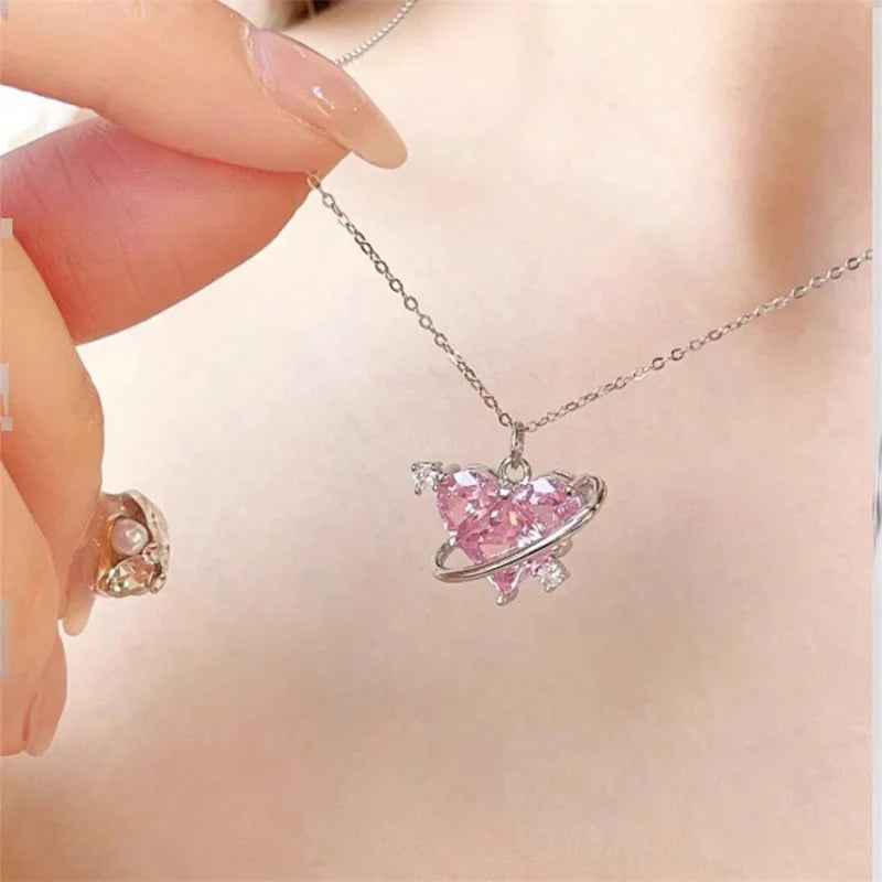 Y2K Pink Planet Heart Zircon Necklace