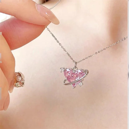 Y2K Pink Planet Heart Zircon Necklace