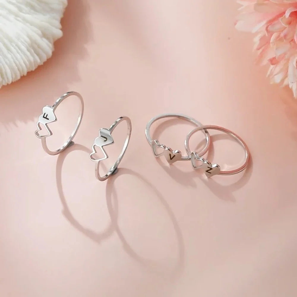 A–Z Double Heart Initial Ring – Stainless Steel