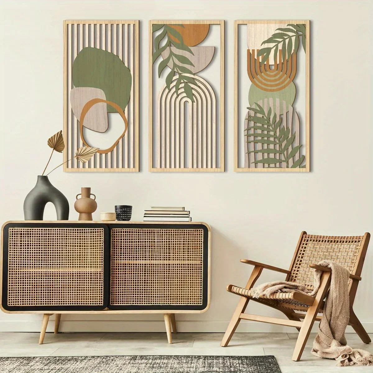 3PCS Sage Green Abstract Wooden Wall Art