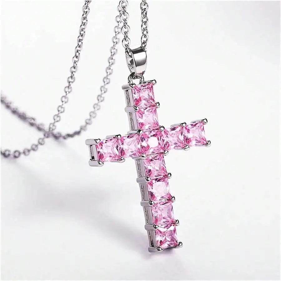 Multi-Color Crystal Jesus Cross Pendant Necklace
