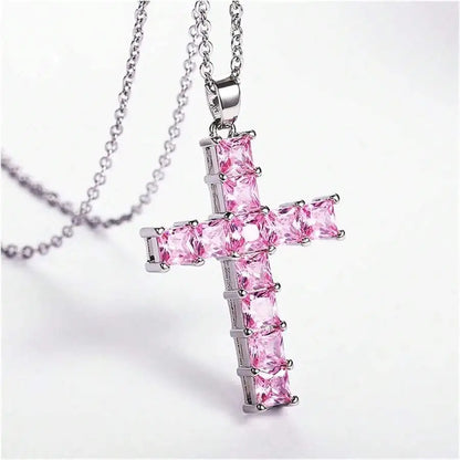 Multi-Color Crystal Jesus Cross Pendant Necklace