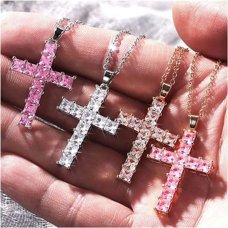 Multi-Color Crystal Jesus Cross Pendant Necklace