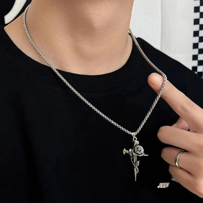 Vintage Rose Cross Pendant Necklace – Gothic Punk