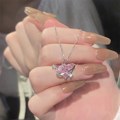 Y2K Pink Planet Heart Zircon Necklace