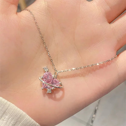 Y2K Pink Planet Heart Zircon Necklace