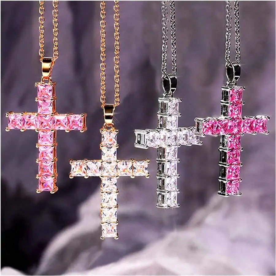 Multi-Color Crystal Jesus Cross Pendant Necklace