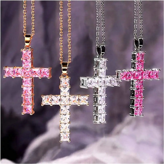 Multi-Color Crystal Jesus Cross Pendant Necklace