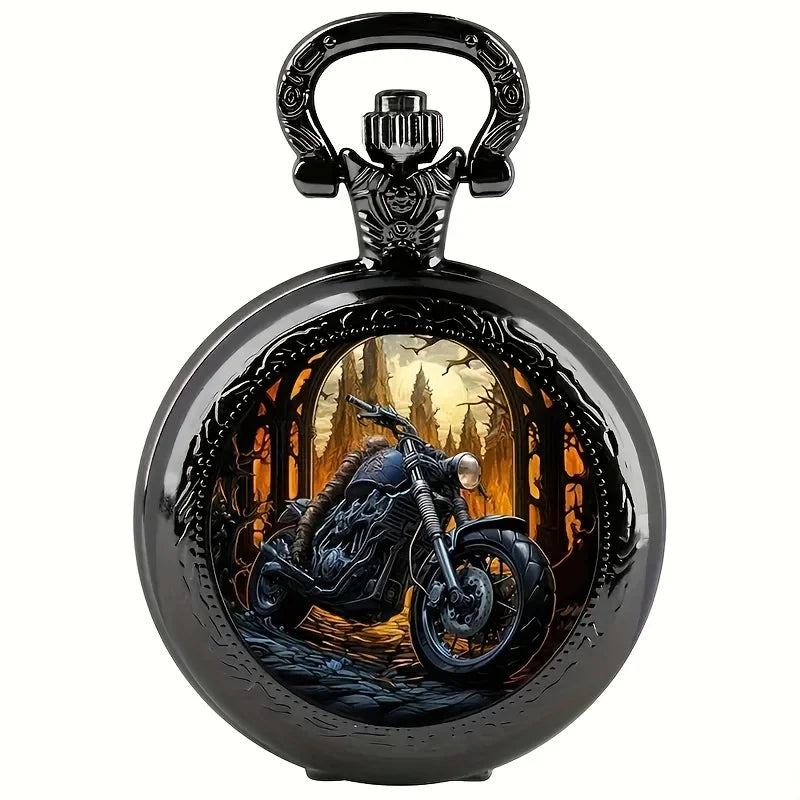 Vintage Black Motorcycle Quartz Pocket Watch Necklace