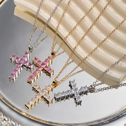 Multi-Color Crystal Jesus Cross Pendant Necklace