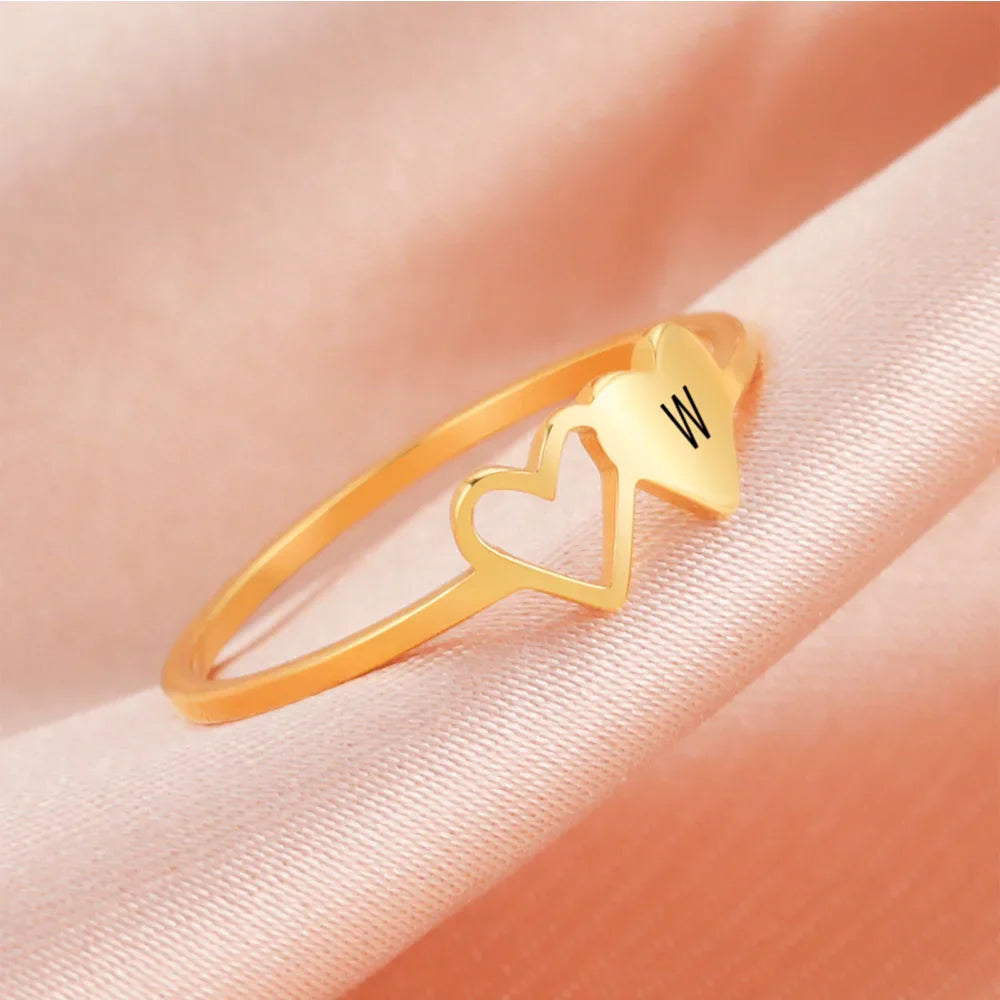 A–Z Double Heart Initial Ring – Stainless Steel