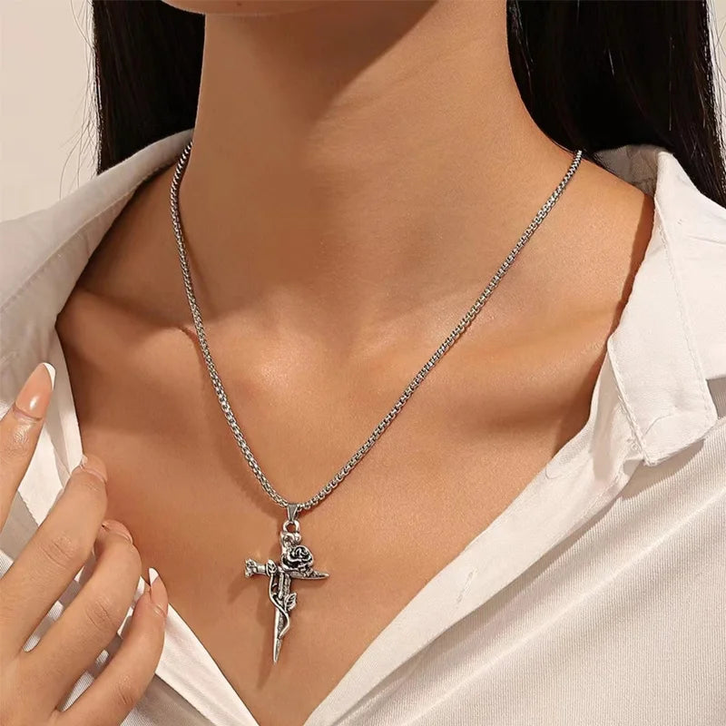 Vintage Rose Cross Pendant Necklace – Gothic Punk