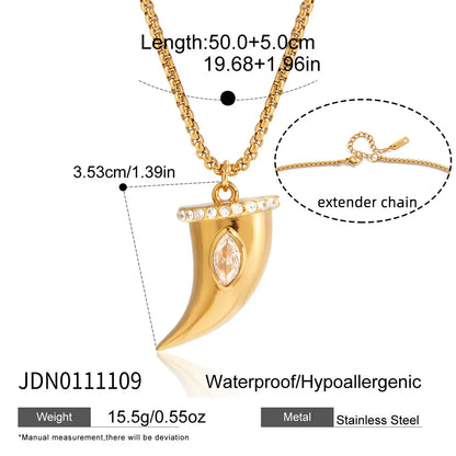 White Zircon Cow Horn Pendant Necklace – Gold Plated