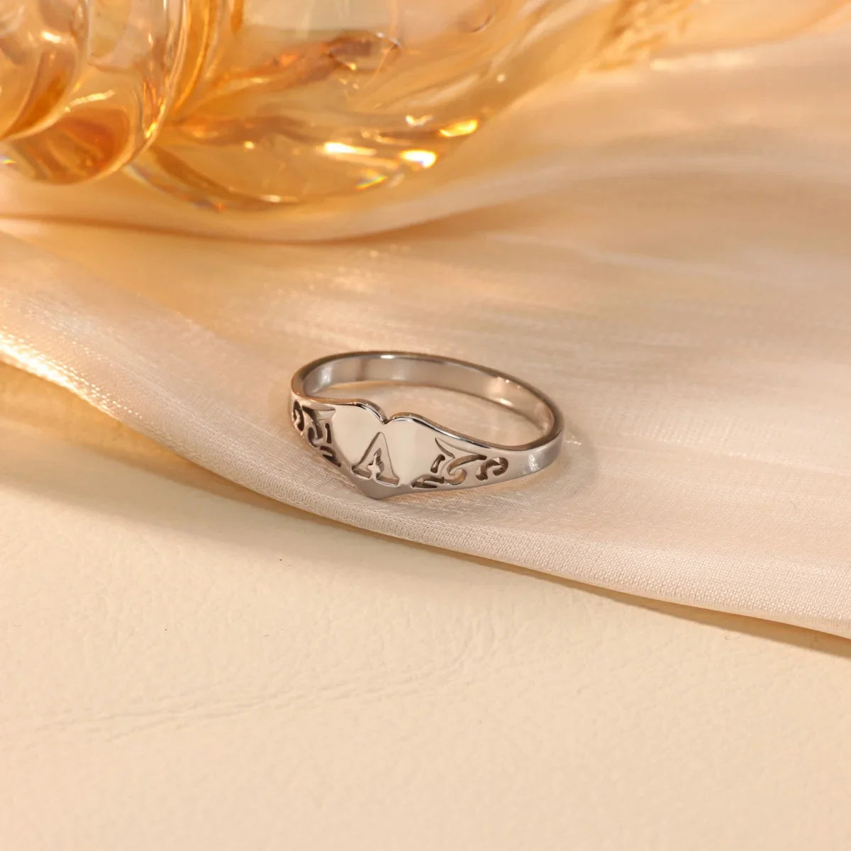 Stainless Steel A–Z Heart Initial Ring – Silver