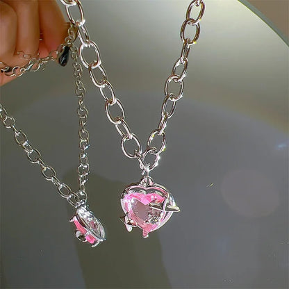 Y2K Pink Planet Heart Zircon Necklace