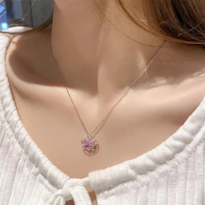 Y2K Pink Planet Heart Zircon Necklace