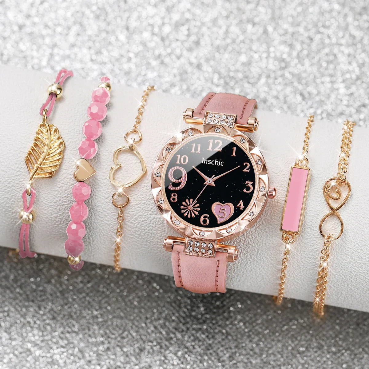 Women’s Heart Dial Watch & Bracelet Set – 6PCS