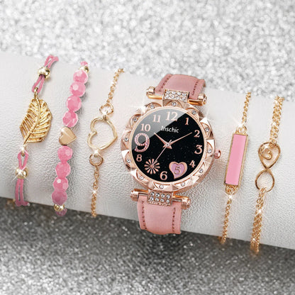 Women’s Heart Dial Watch & Bracelet Set – 6PCS