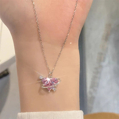 Y2K Pink Planet Heart Zircon Necklace