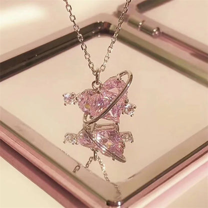 Y2K Pink Planet Heart Zircon Necklace