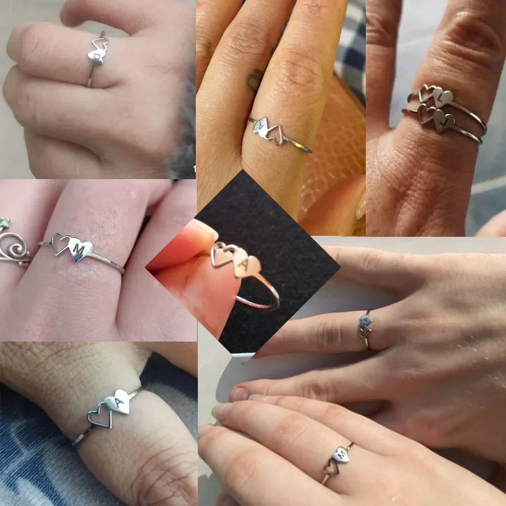 A–Z Double Heart Initial Ring – Stainless Steel