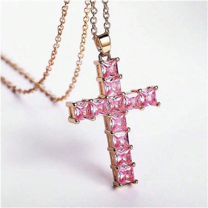 Multi-Color Crystal Jesus Cross Pendant Necklace