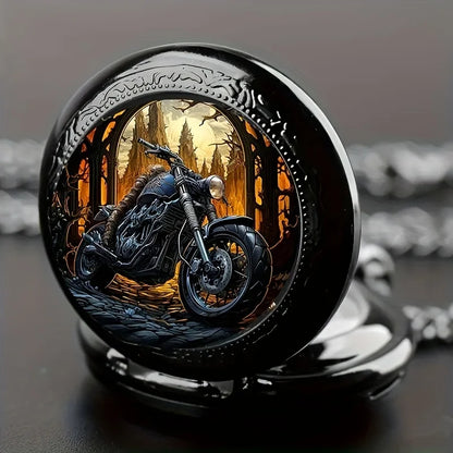 Vintage Black Motorcycle Quartz Pocket Watch Necklace