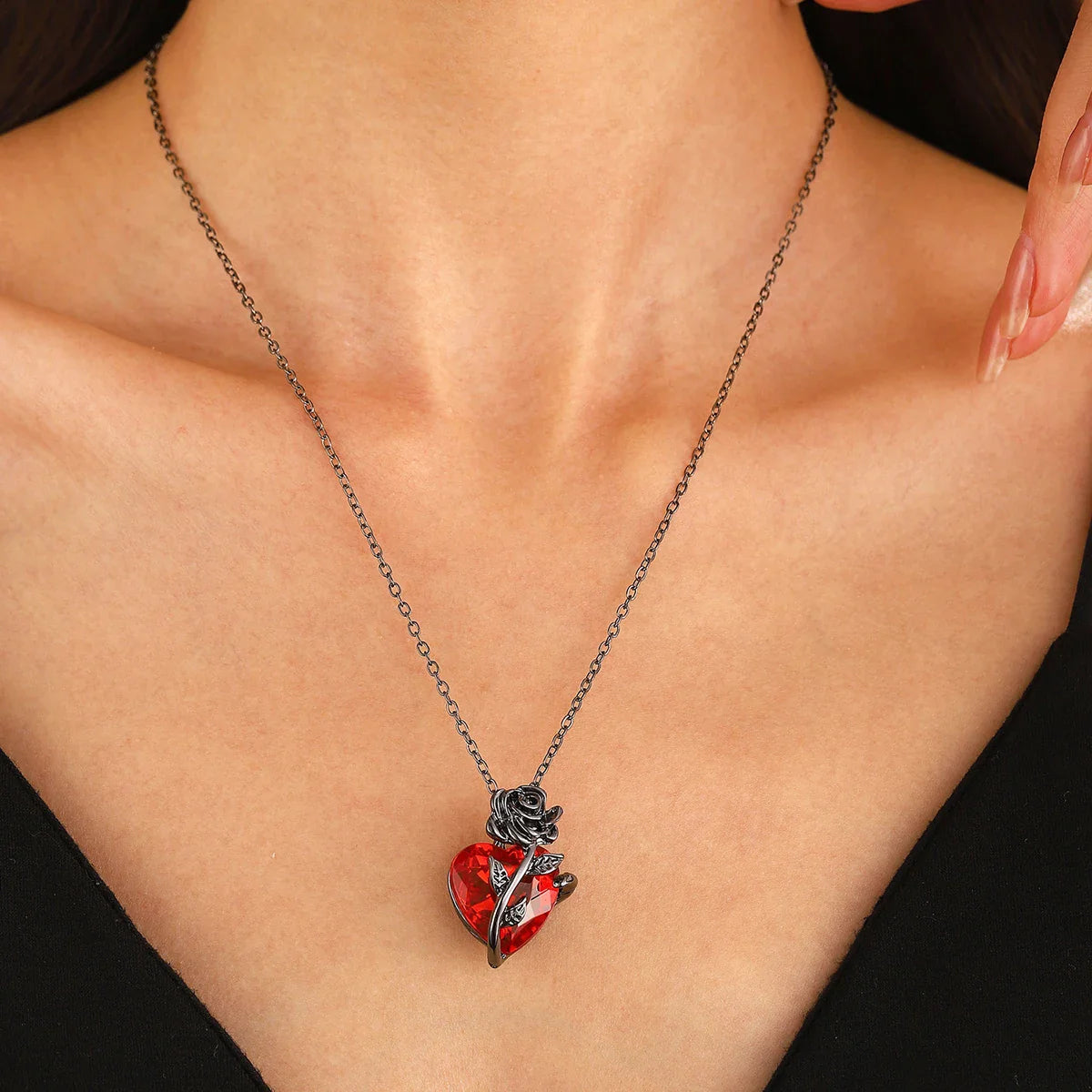 Gothic Rose Red Heart Necklace – Y2K Grunge