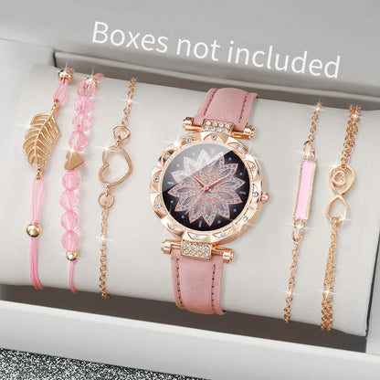 Women’s Heart Dial Watch & Bracelet Set – 6PCS