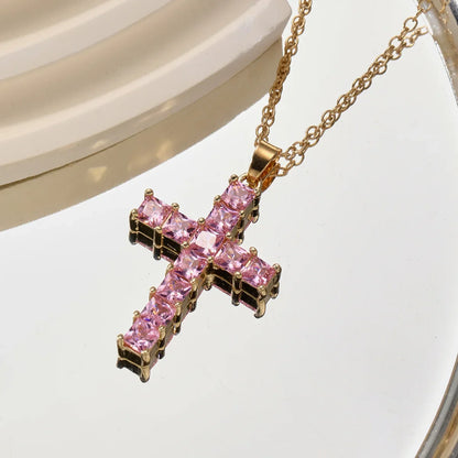 Multi-Color Crystal Jesus Cross Pendant Necklace
