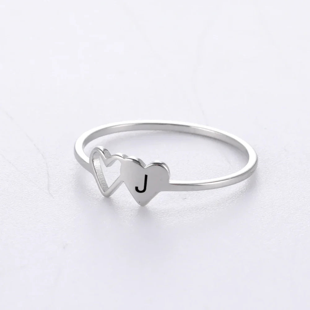 A–Z Double Heart Initial Ring – Stainless Steel