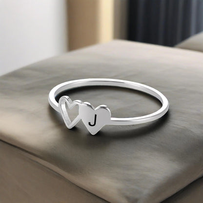 A–Z Double Heart Initial Ring – Stainless Steel
