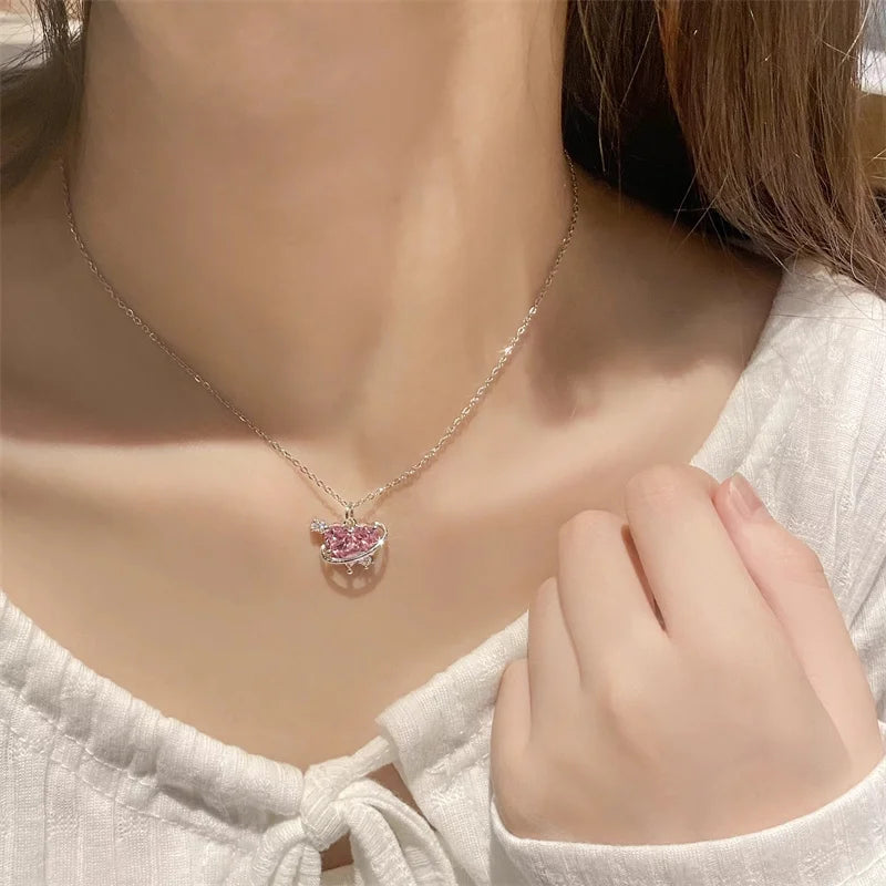 Y2K Pink Planet Heart Zircon Necklace