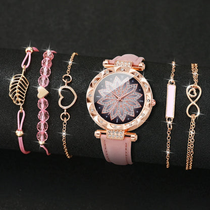 Women’s Heart Dial Watch & Bracelet Set – 6PCS