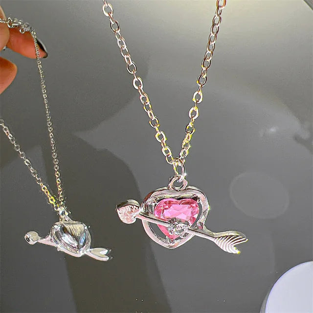 Y2K Pink Planet Heart Zircon Necklace