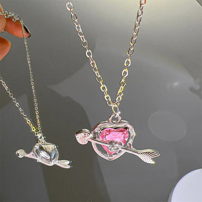 Y2K Pink Planet Heart Zircon Necklace