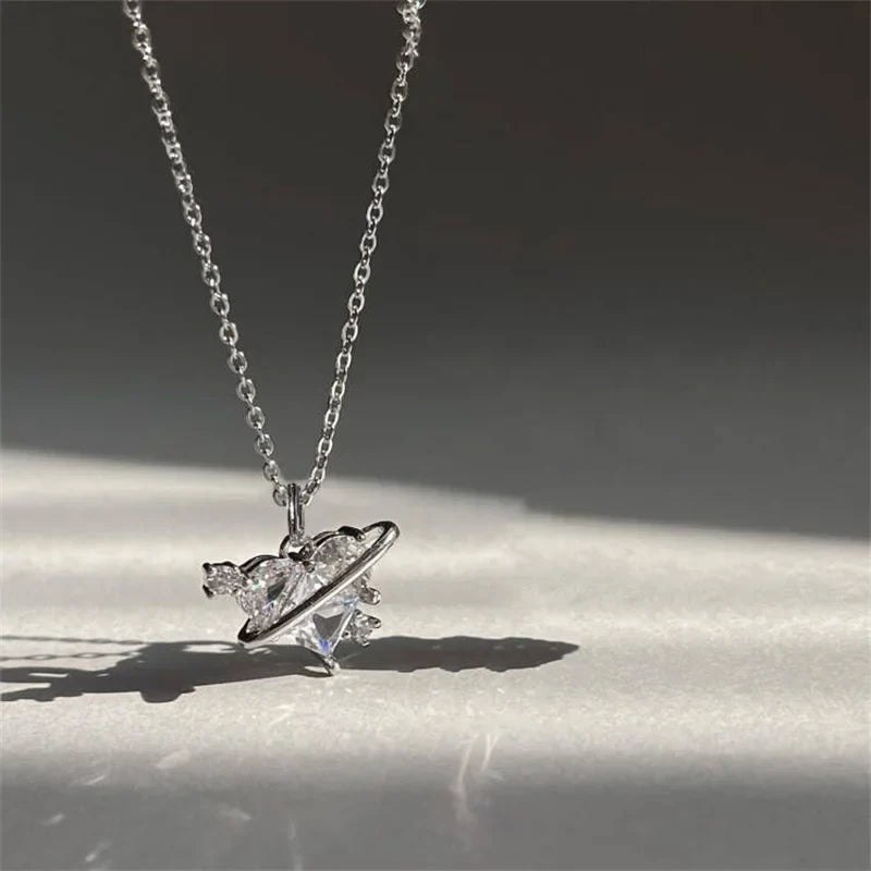 Y2K Pink Planet Heart Zircon Necklace