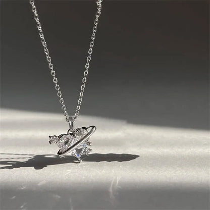 Y2K Pink Planet Heart Zircon Necklace