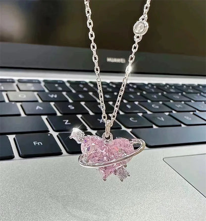 Y2K Pink Planet Heart Zircon Necklace