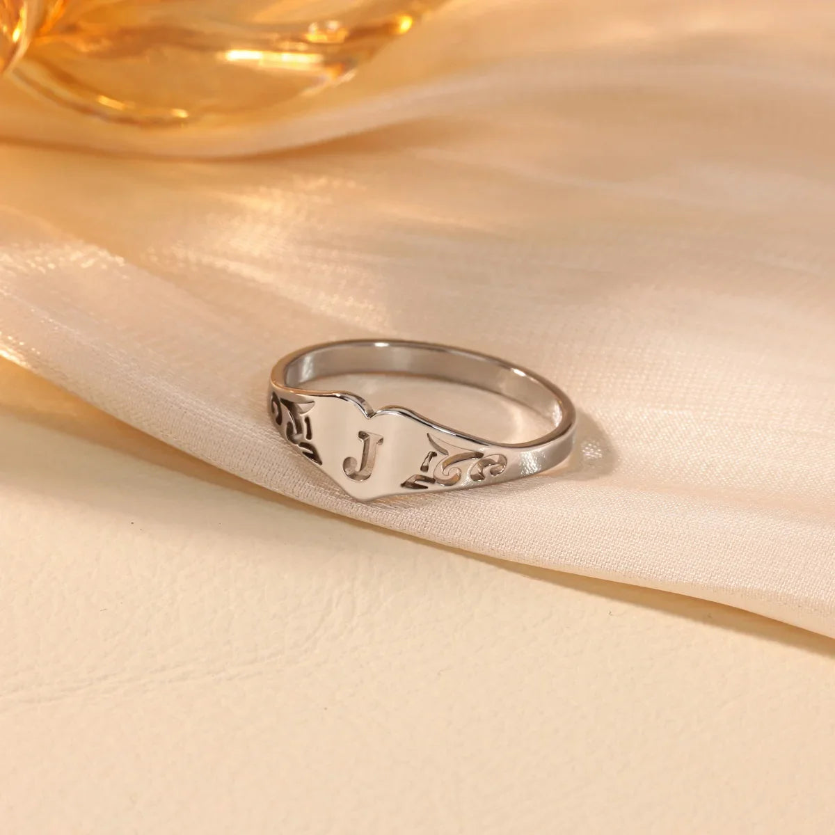 Stainless Steel A–Z Heart Initial Ring – Silver