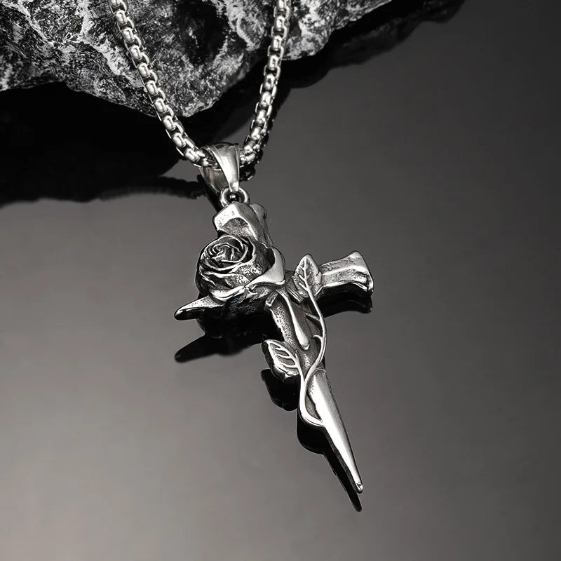 Vintage Rose Cross Pendant Necklace – Gothic Punk